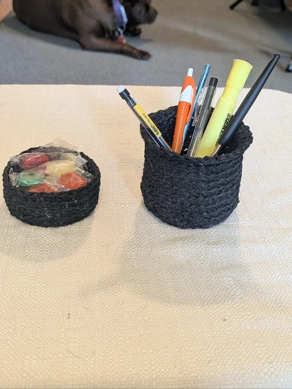 Handmade Black Jute Storage Baskets - Set of 2 - Dog Not Included